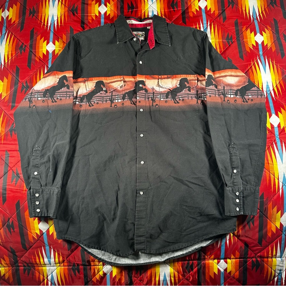 Vintage Cumberland Outfitters Pearl Snap Western Shirt Mens Size L Horses Black